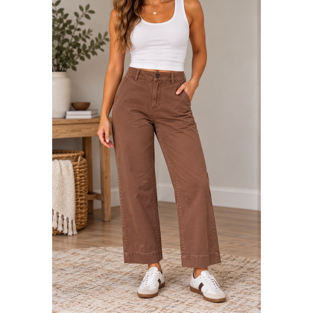 Everlane Utility Pant Brown Organic Cotton High Waist Cropped Size 0 BROWN PANS